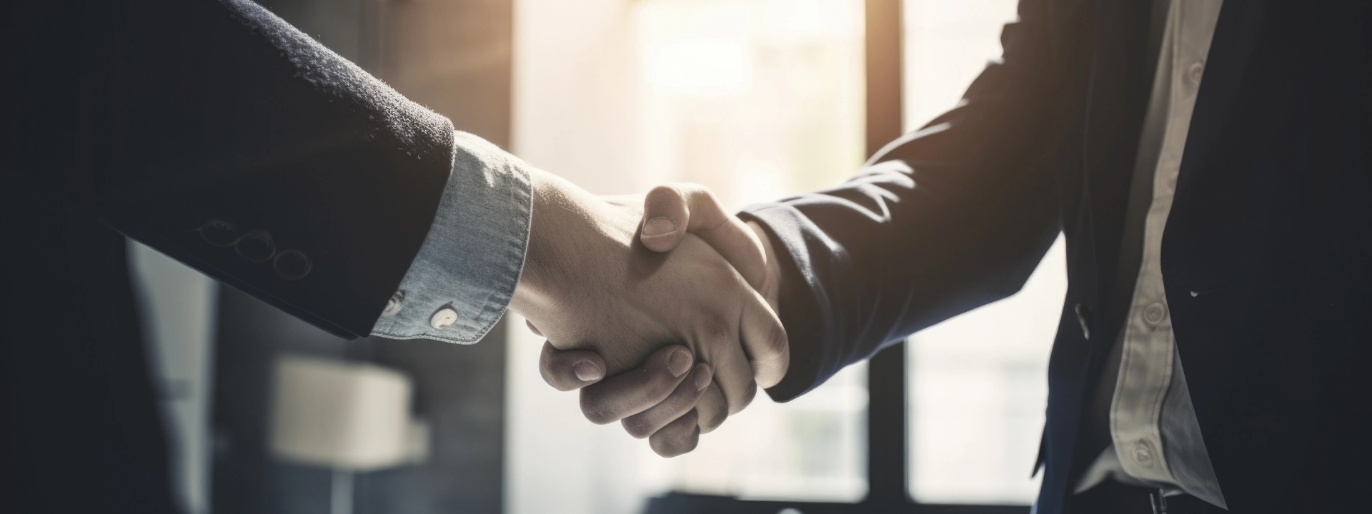Two men wearing suits shake hands.